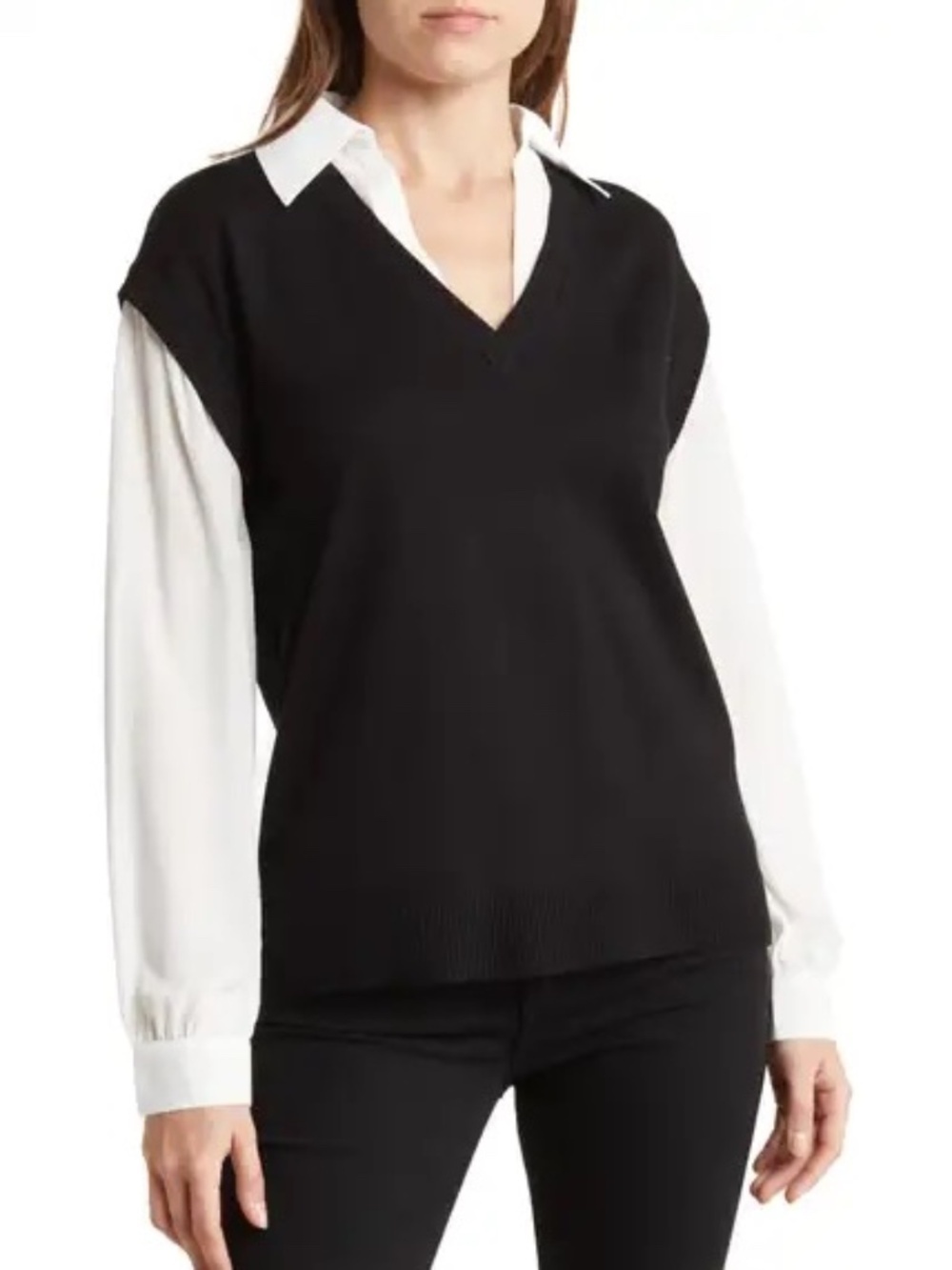 Adrianna Papell SOLID V NECK SWEATER TWOFER - Size M